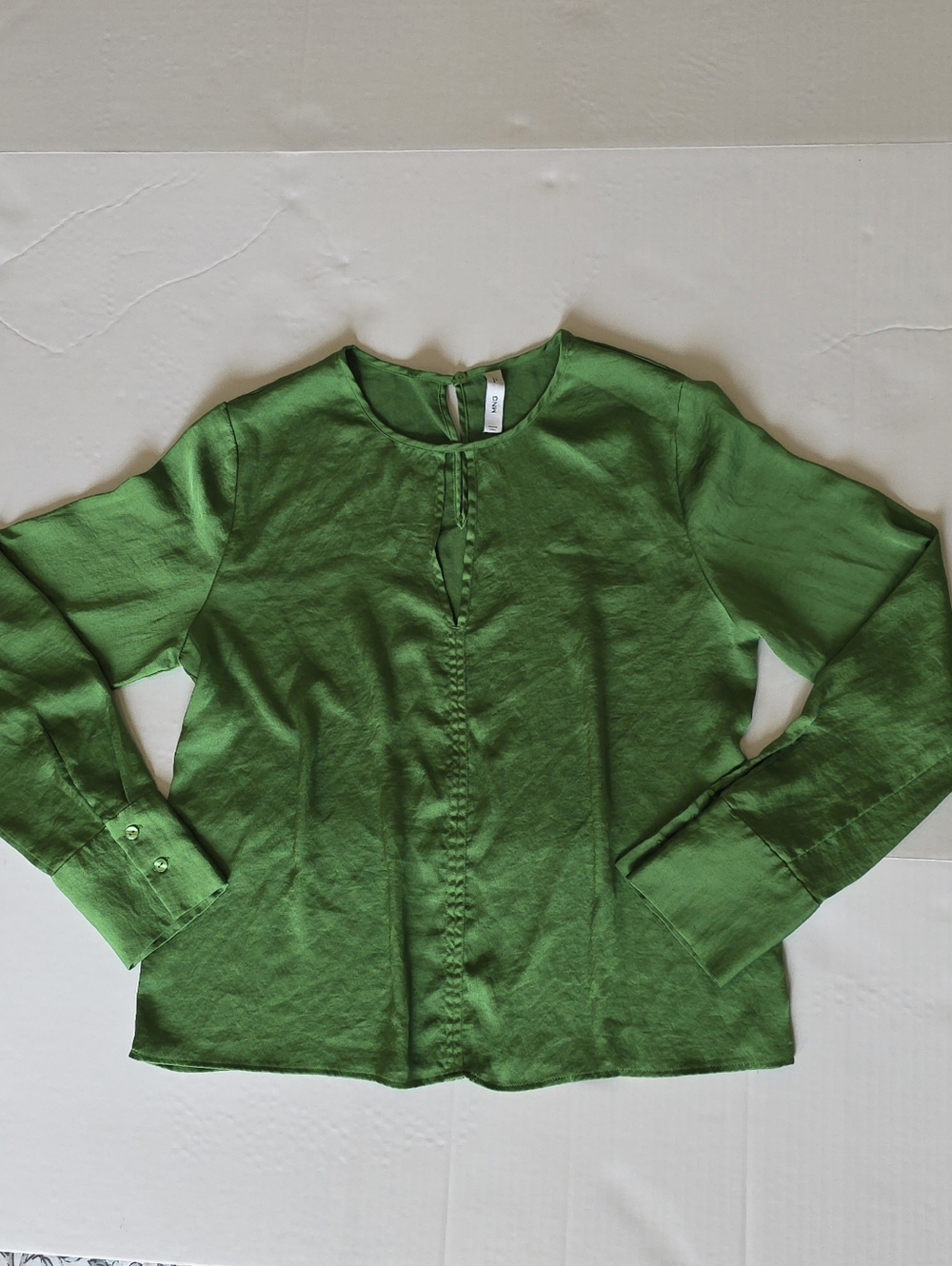Mango Lime Green Satin Keyhole Blouse Quiet Luxury Minimalist Office Chic Top - Picture 3 of 8